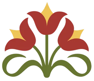 Stylized red and green floral emblem with a yellow center