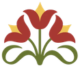 Stylized red and gold floral emblem with green curving leaves