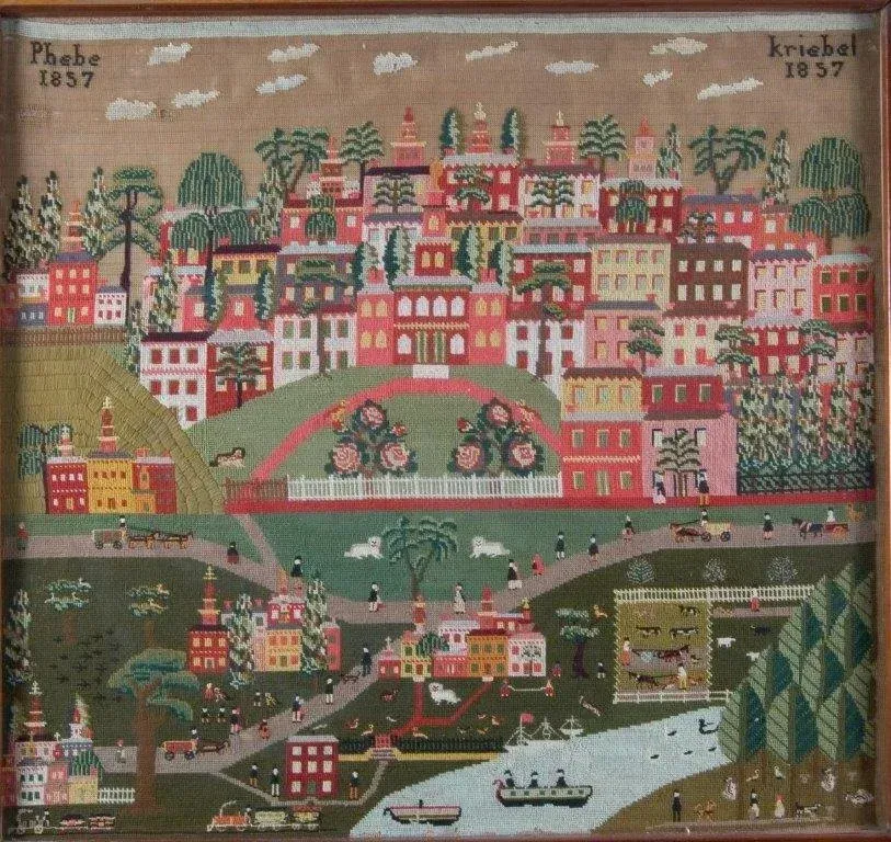 Hand-colored cityscape with red buildings, green hills, palm trees, and boats on a river, labeled 1857 and 1937