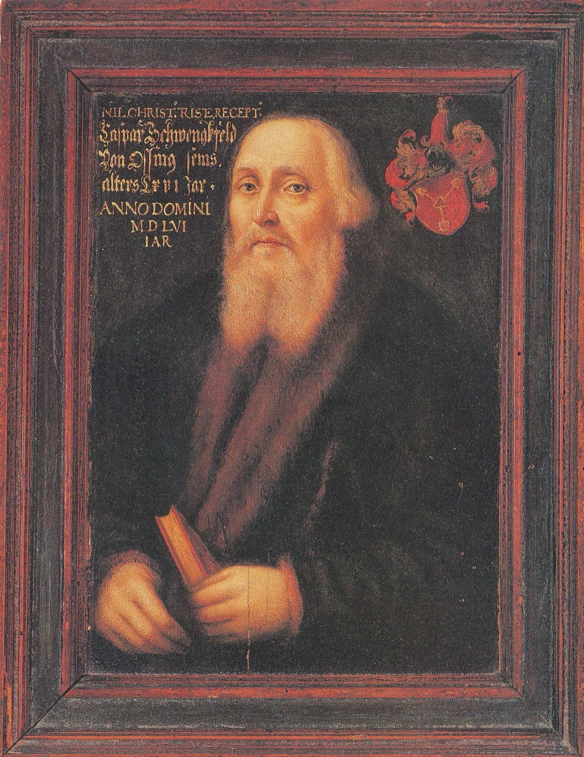 Portrait of a bearded man in dark robes holding a book, framed by a red border with decorative text
