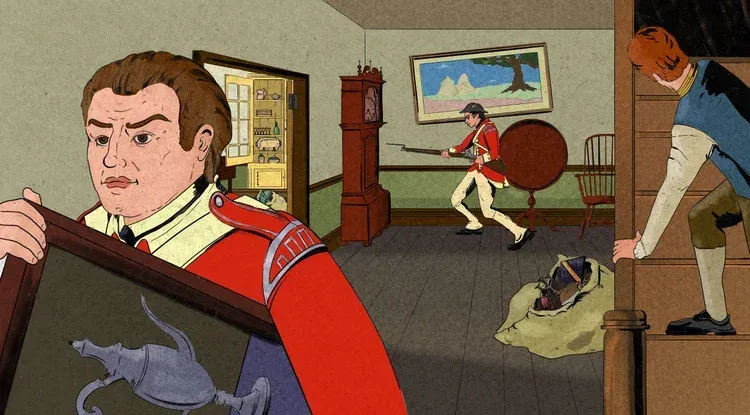 Cartoon scene of children running indoors, with a stern man in a red uniform in the foreground.