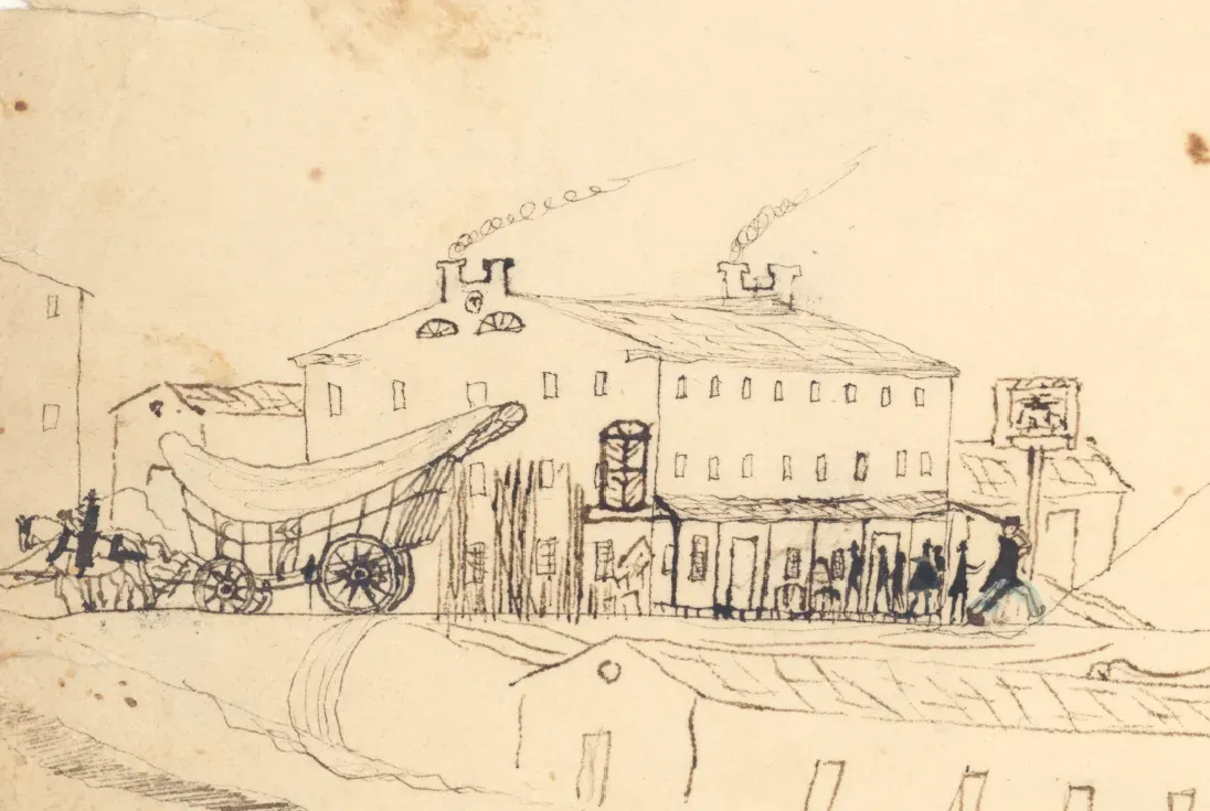 Pencil sketch of a shipyard with a large ship under construction and workers by a dockside building