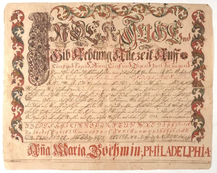 Ornate 1700s Philadelphia certificate with calligraphy, floral borders, and red serif text on aged paper