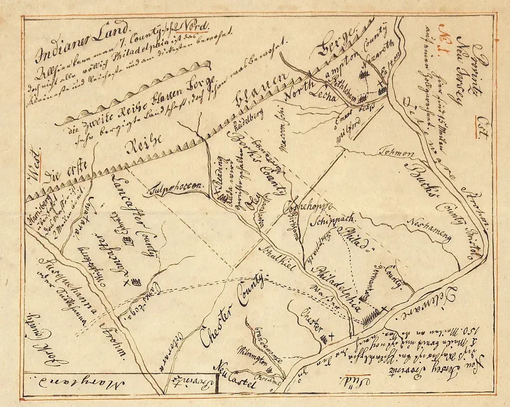 Hand-drawn sepia map with handwritten notes, roads, fields, and boundaries on aged paper.