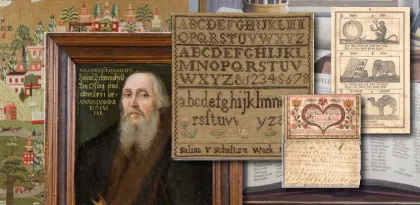 Collage of a bearded man, early alphabet pages, and decorated manuscripts in a historical archive scene