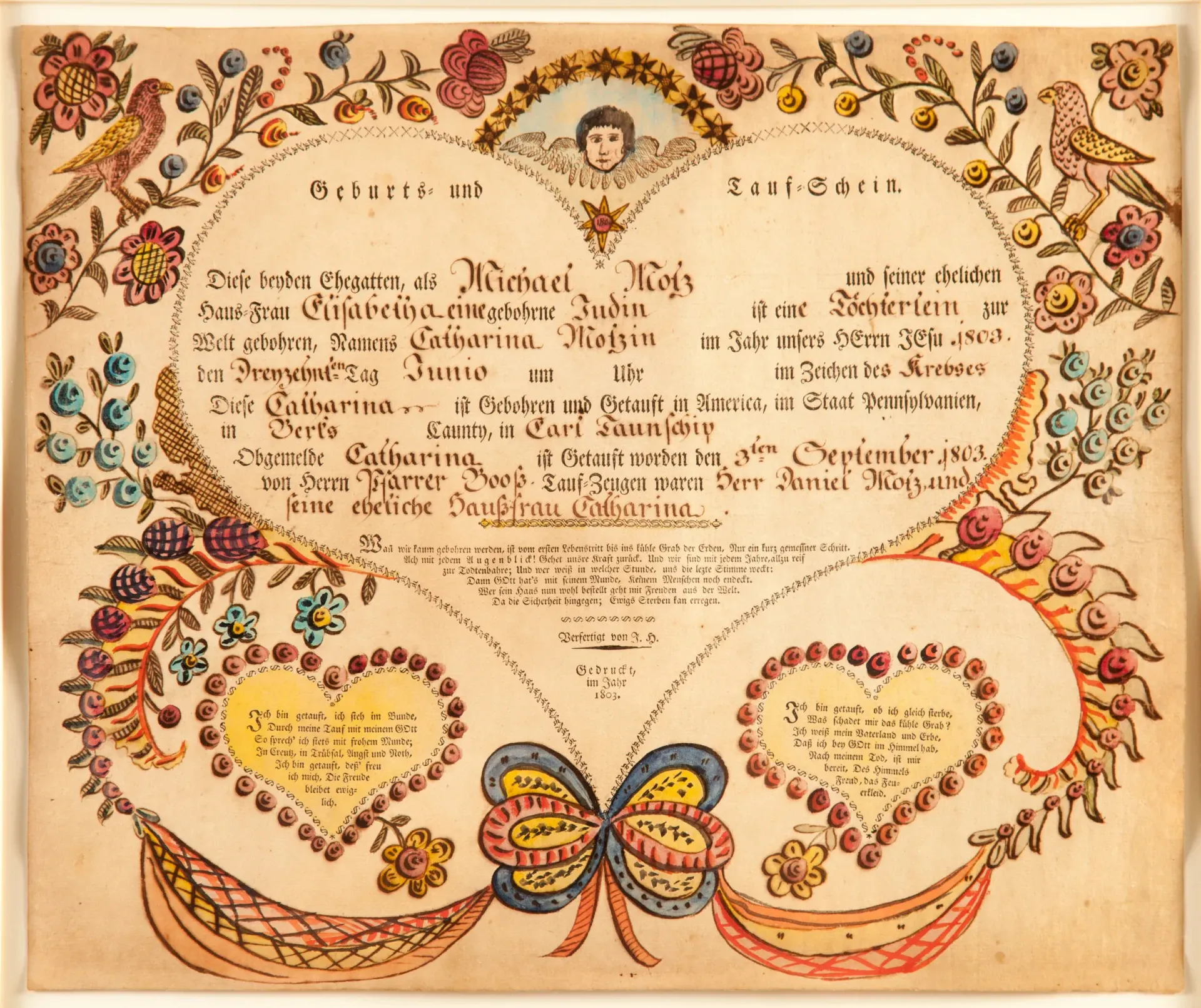 Ornate vintage certificate with floral border, hearts, and a butterfly, in red, gold, and cream.