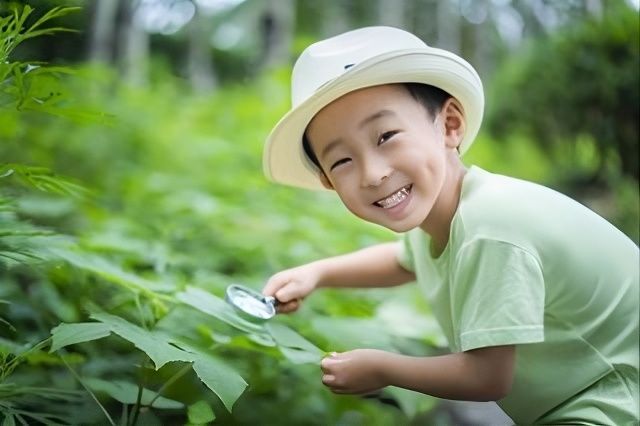 Smiling child in a white hat examining green plants in a lush garden with a magnifying glass