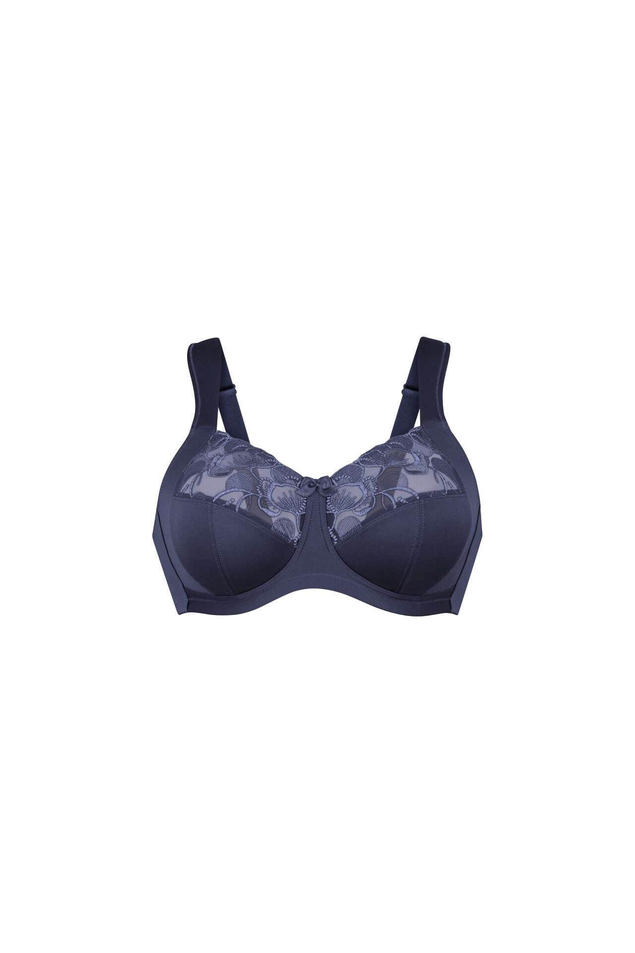 Dark blue lace bra with adjustable straps on a white background