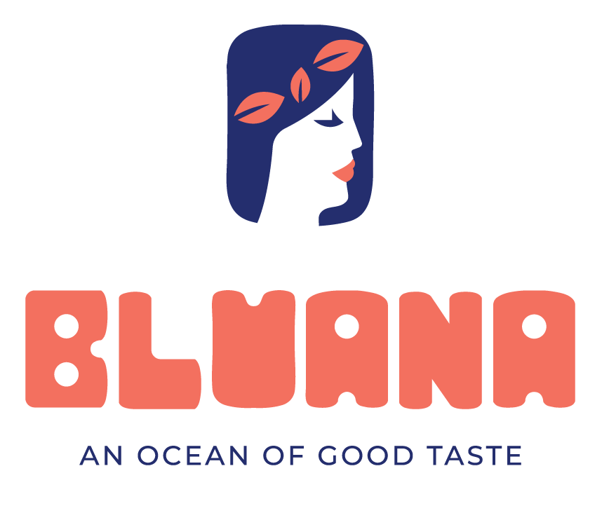Bluana logo with a stylized woman’s face and coral accents, tagline: “An Ocean of Good Taste”
