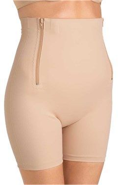 Beige high-waisted shapewear shorts with side zipper on a cropped torso mannequin