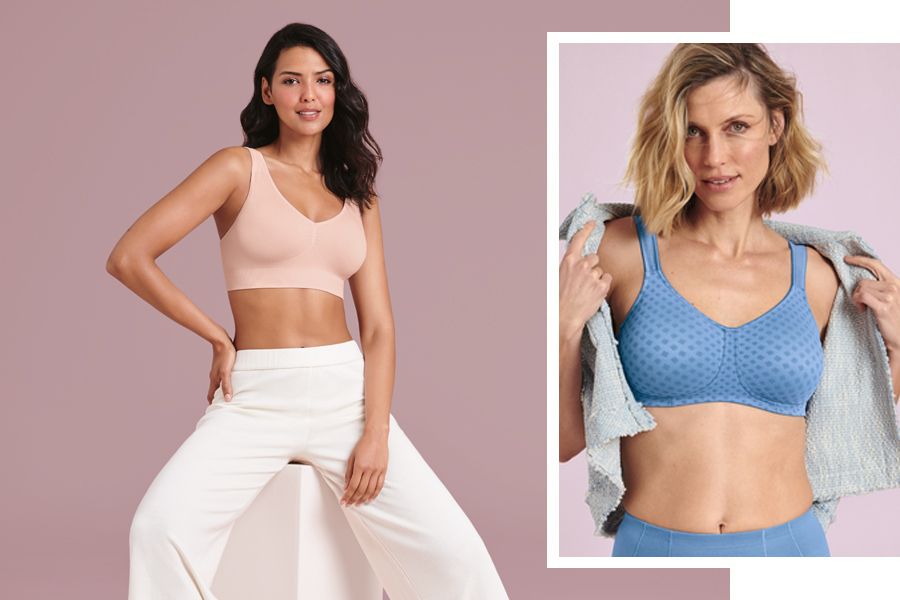 Two women modeling sports bras and workout pants on a pink background, one in an inset photo.