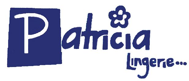 Patricia Lingerie logo in blue and white, with stylized text and a flower icon.