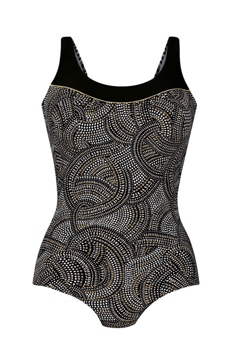 Black one-piece swimsuit with a patterned front and wide straps on a white background