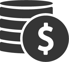 Black coin stack with a dollar sign symbol in a dark circle