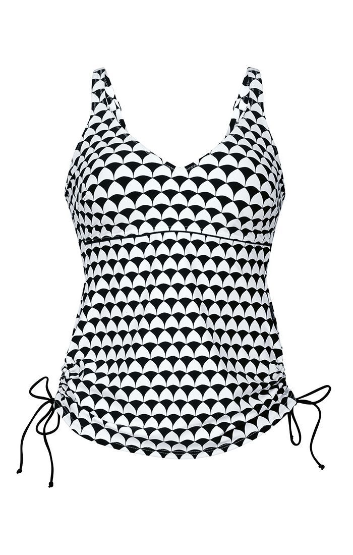 Black-and-white patterned sleeveless tankini top with side ties and V-neckline