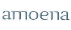 Blue lowercase word “amoena” on a white background