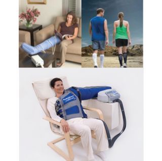Woman using a leg compression therapy device in a home setting; top image shows a pair walking outdoors with compression sleeves