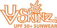 Orange VSKINZ logo with sun icon and “UPF 50+ SUNWEAR” text
