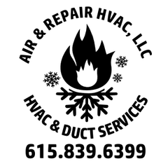 Logo for Air & Repair HVAC, LLC; includes flame icon with snowflakes, company name, and phone number 615.839.6399.