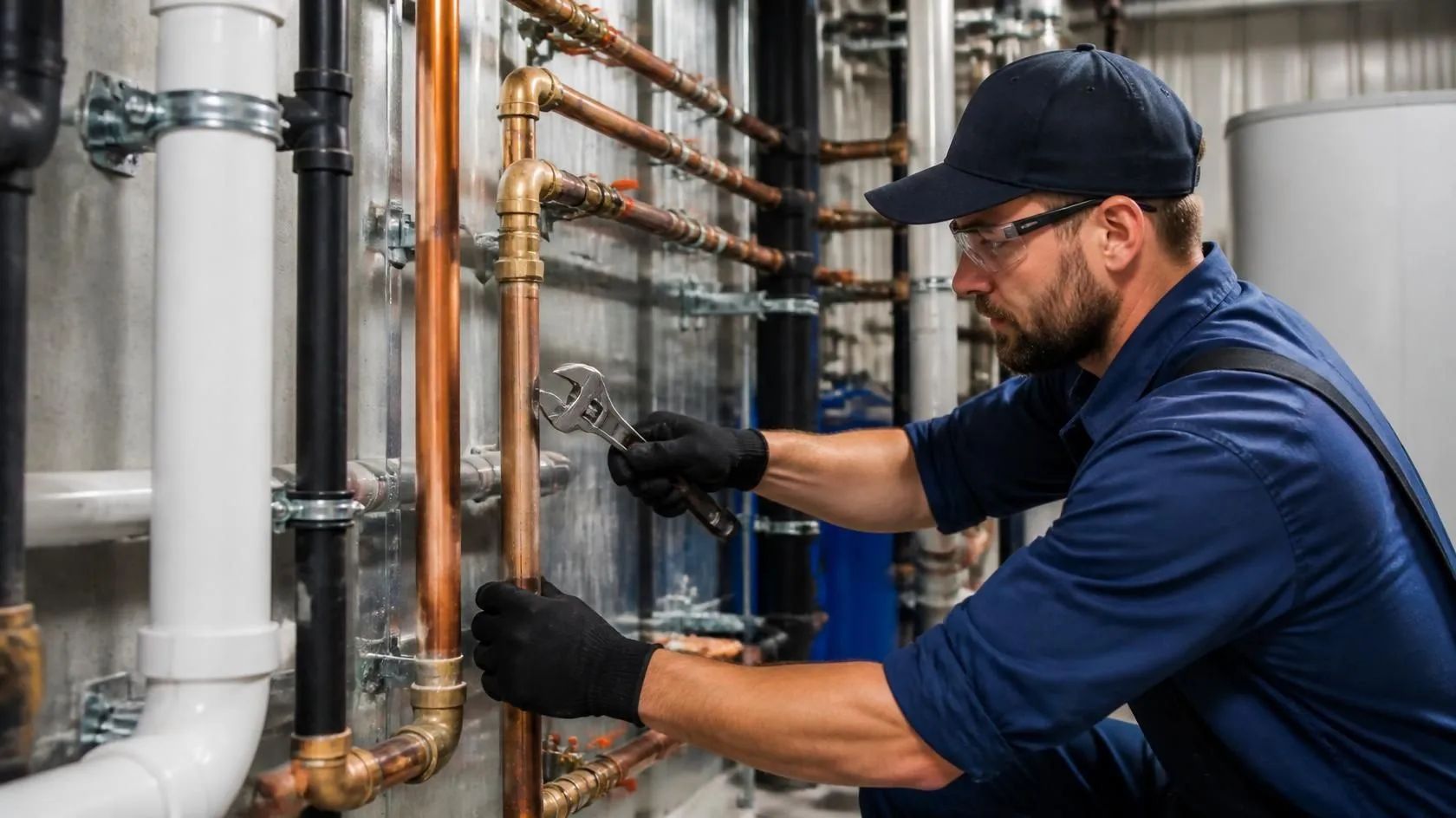 Technician in blue uniform inspecting pipes and valves in an industrial mechanical room