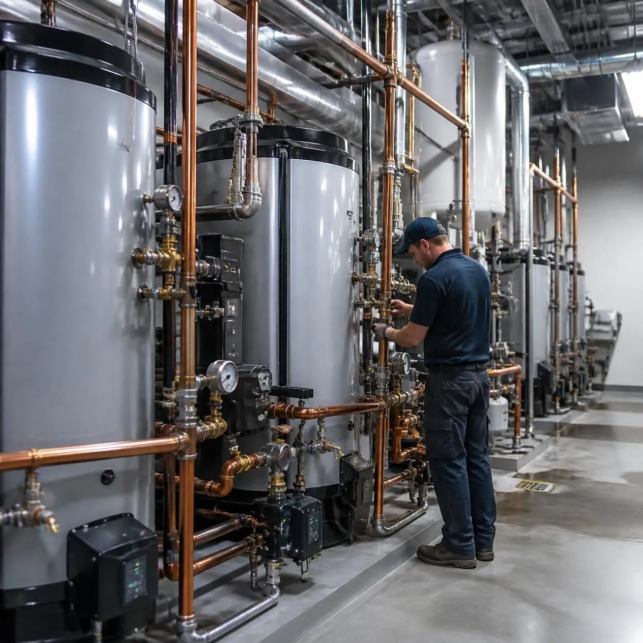 Worker inspecting pipes and tanks in an industrial utility room