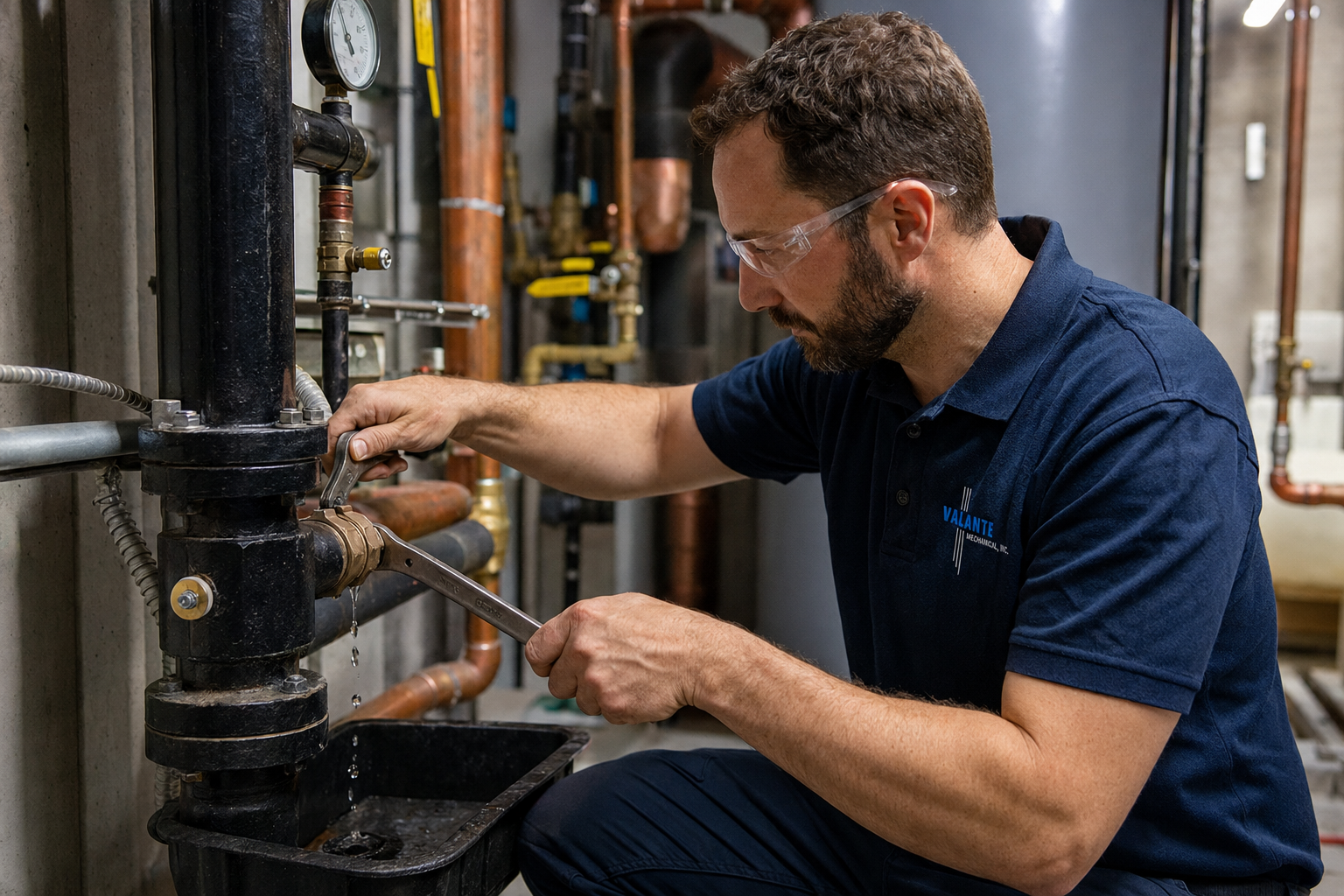 Technician in blue coveralls inspecting industrial pipes in a mechanical room