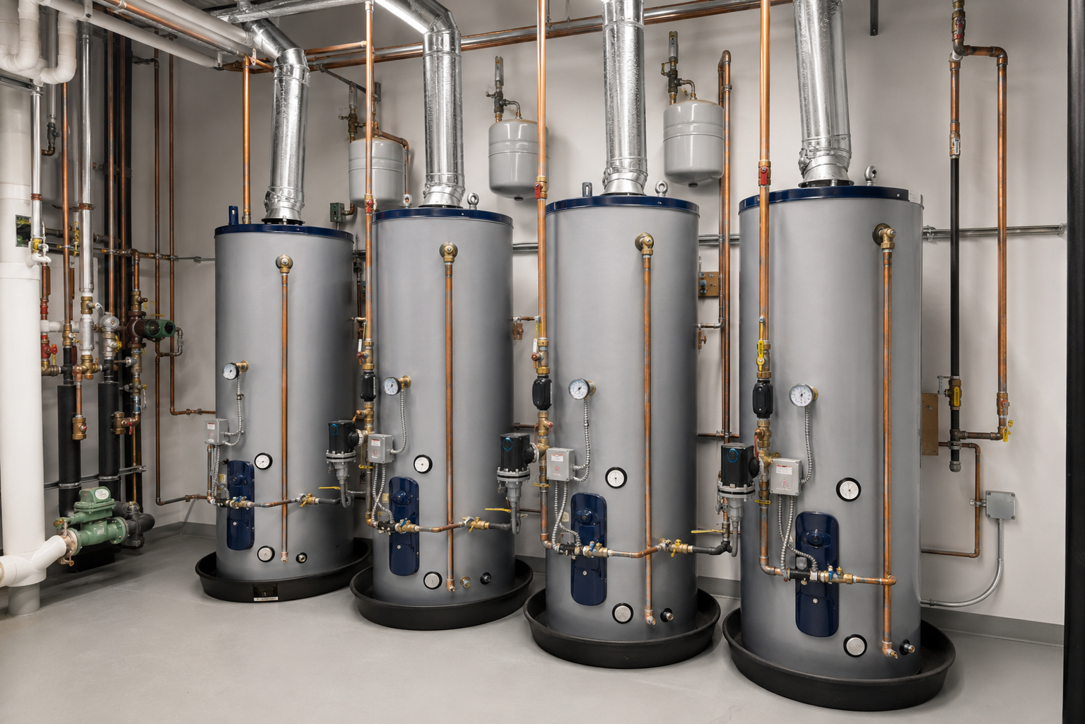 Technician kneeling beside a large stainless-steel tank, adjusting pipes and controls in an industrial room