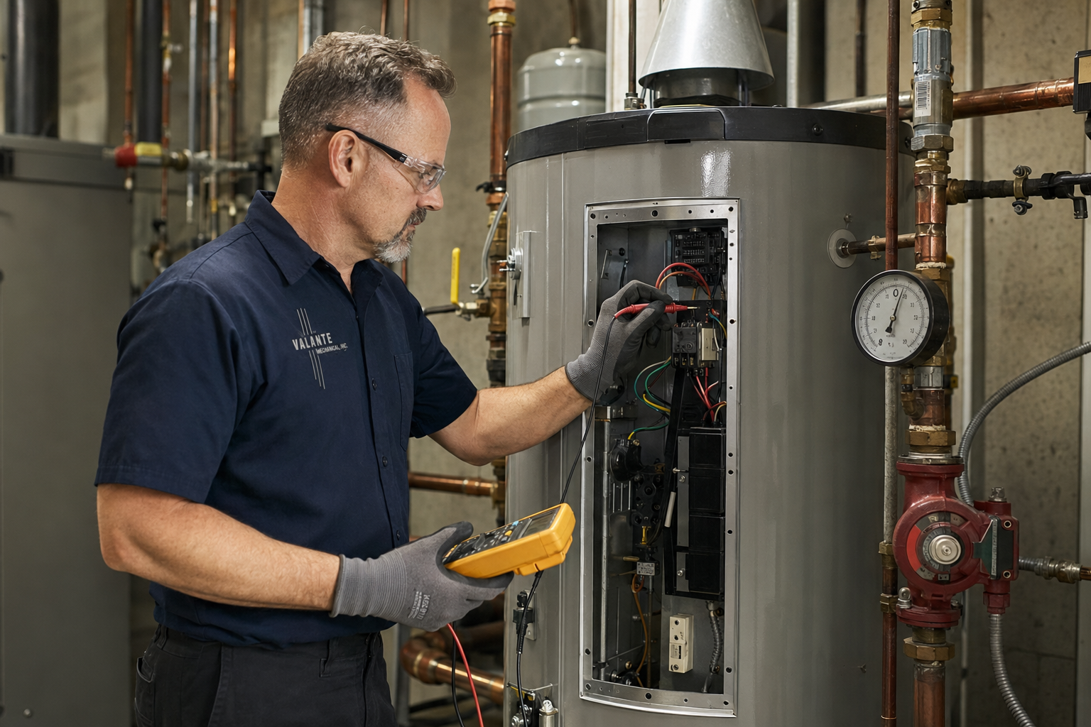 Technician kneeling beside industrial machinery, inspecting pipes with a tool case on the floor.
