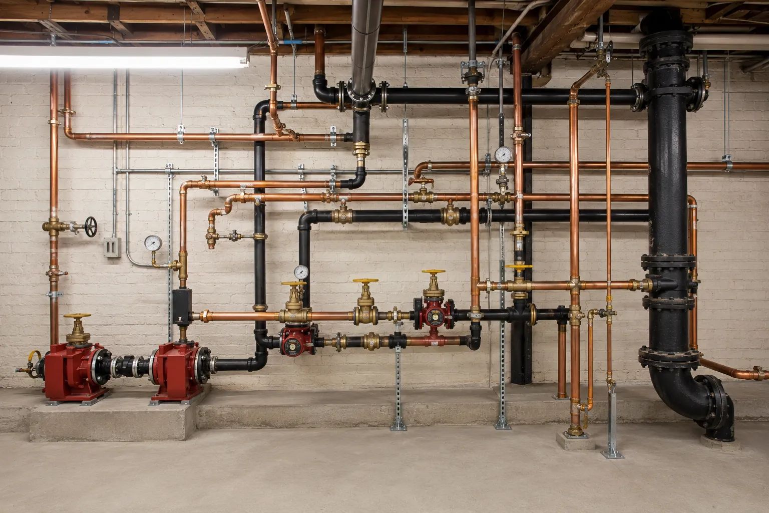 Basement utility room with exposed pipes, valves, red pumps, and black drainage piping along the wall