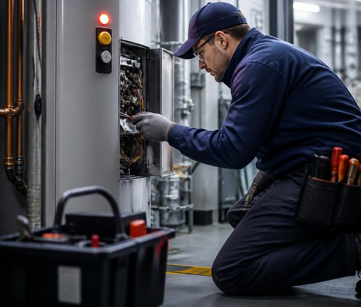Technician kneeling by an open electrical panel, inspecting wiring with tools nearby in an industrial setting