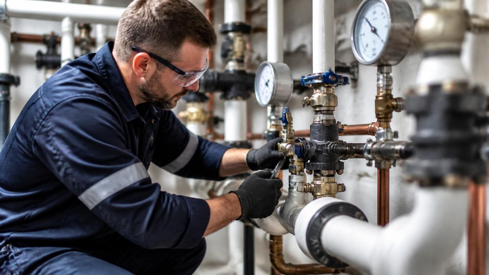 Technician inspecting industrial pipes and gauges in a mechanical room
