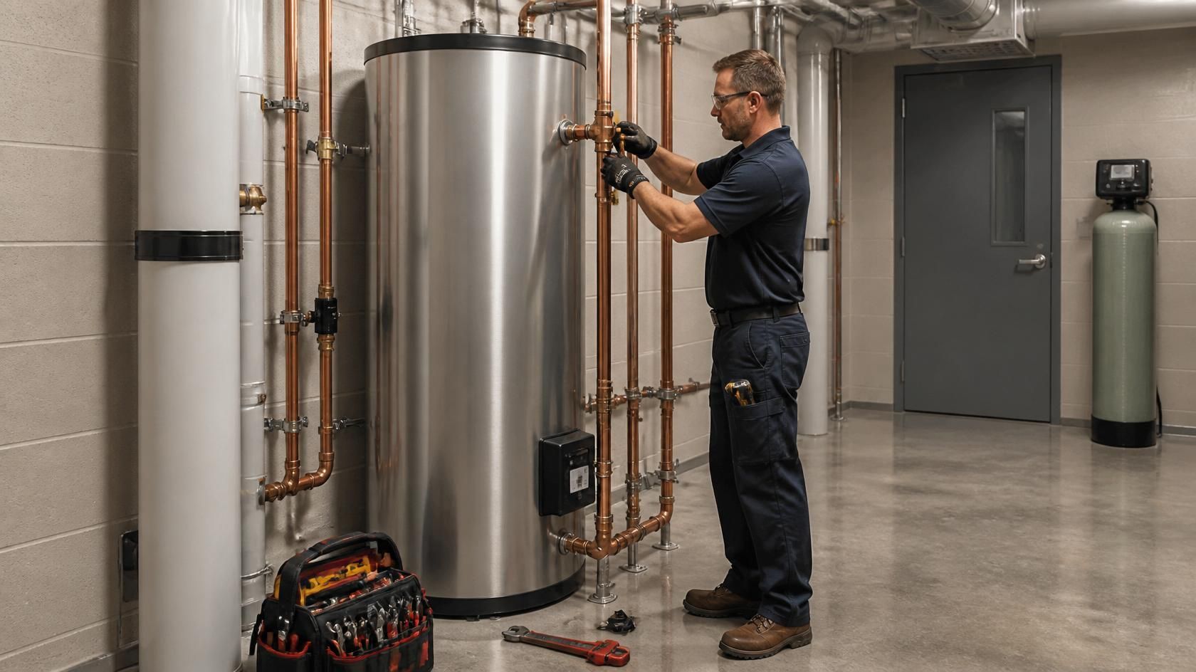 Technician adjusting copper piping beside a large stainless steel tank in a utility room