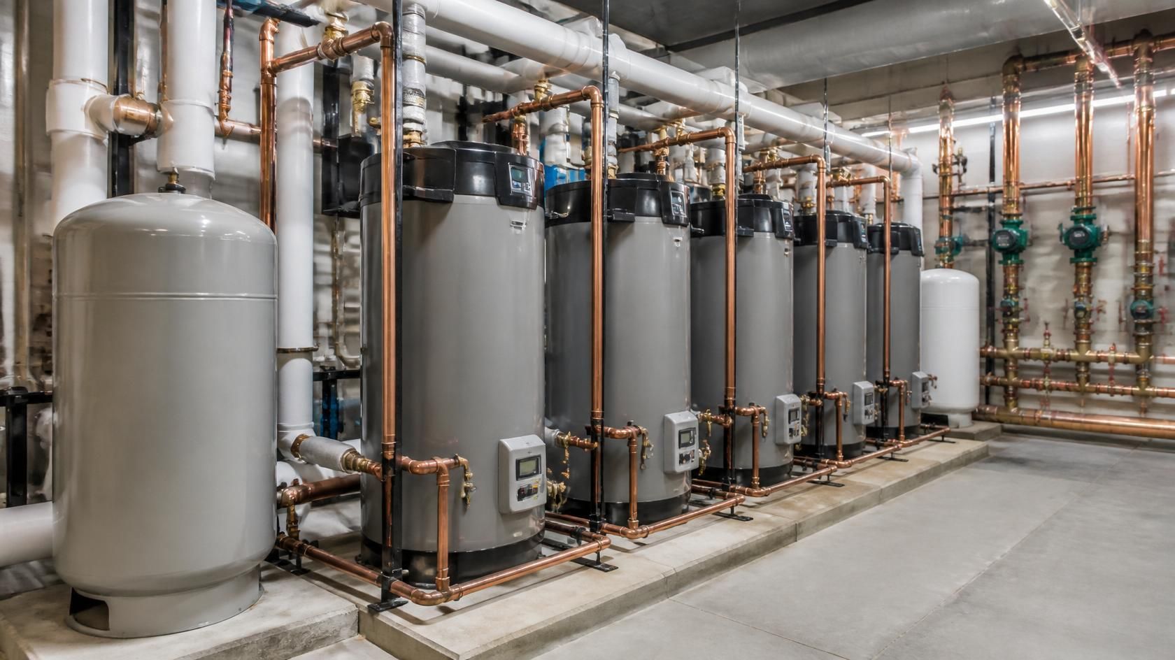 Industrial boiler room with large silver tanks, copper pipes, and control units along a concrete floor