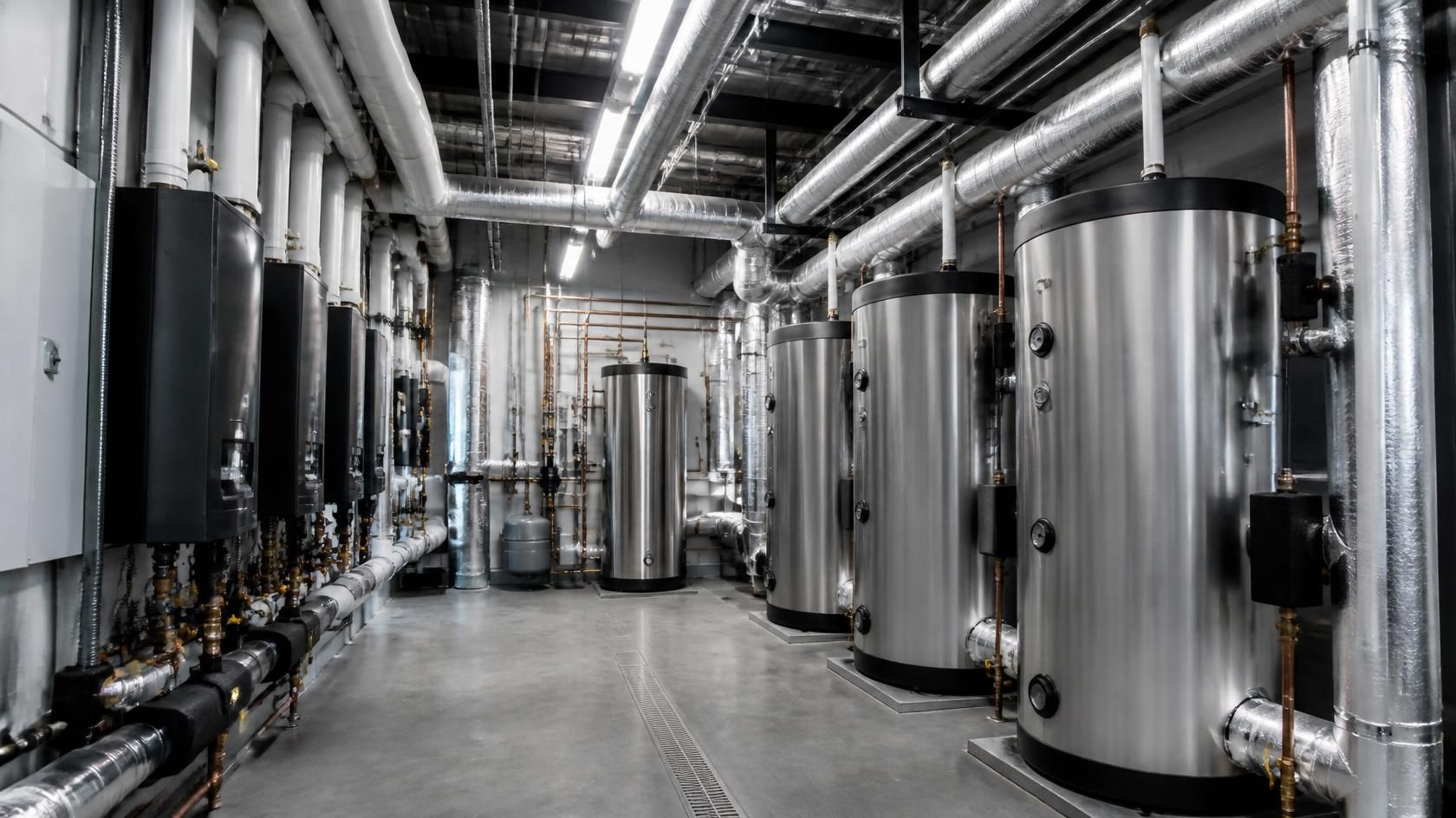 Modern industrial brewery with large stainless steel tanks and overhead pipes in a metallic room