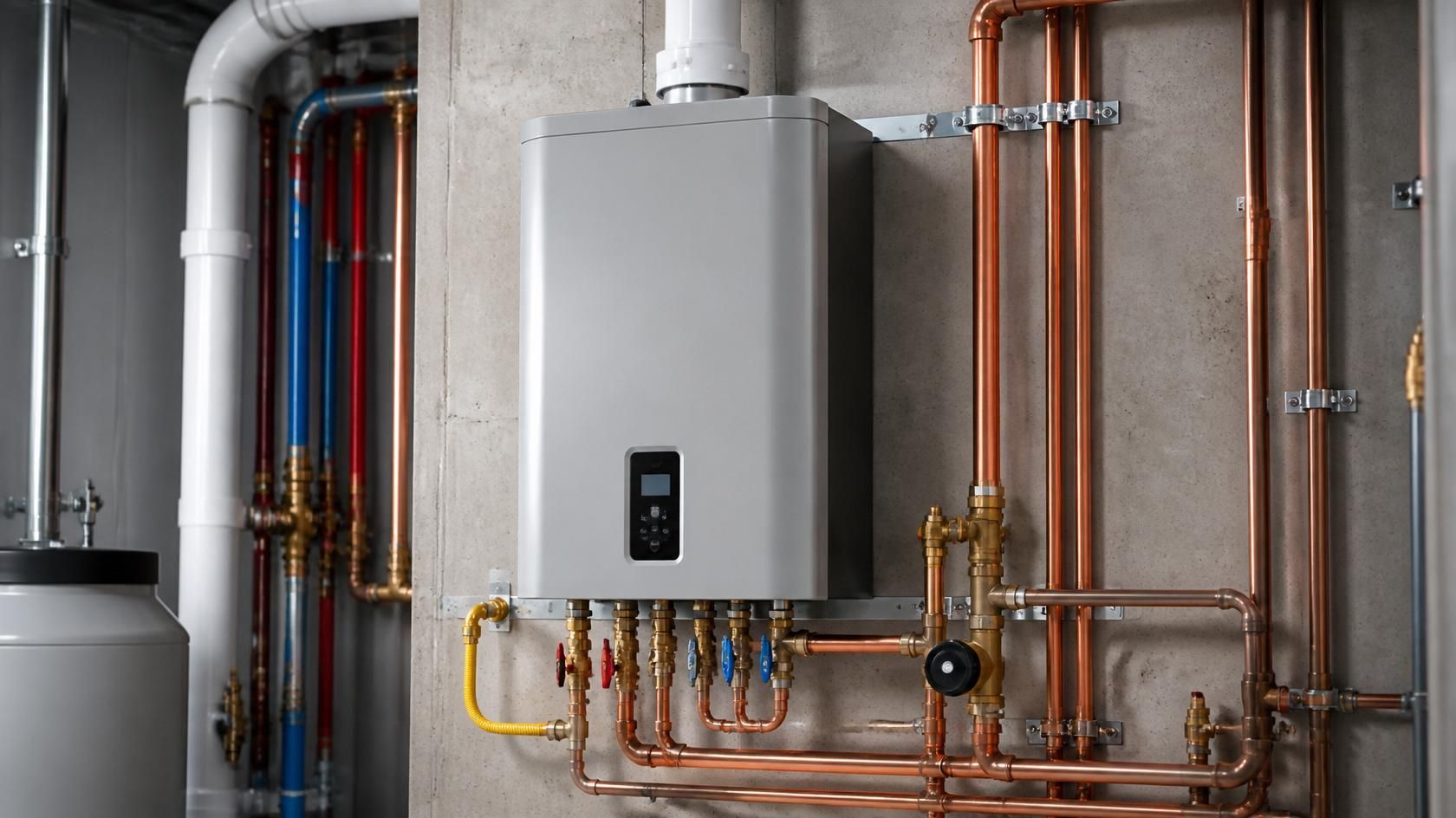 Wall-mounted boiler with copper plumbing and colored pipes in a utility room