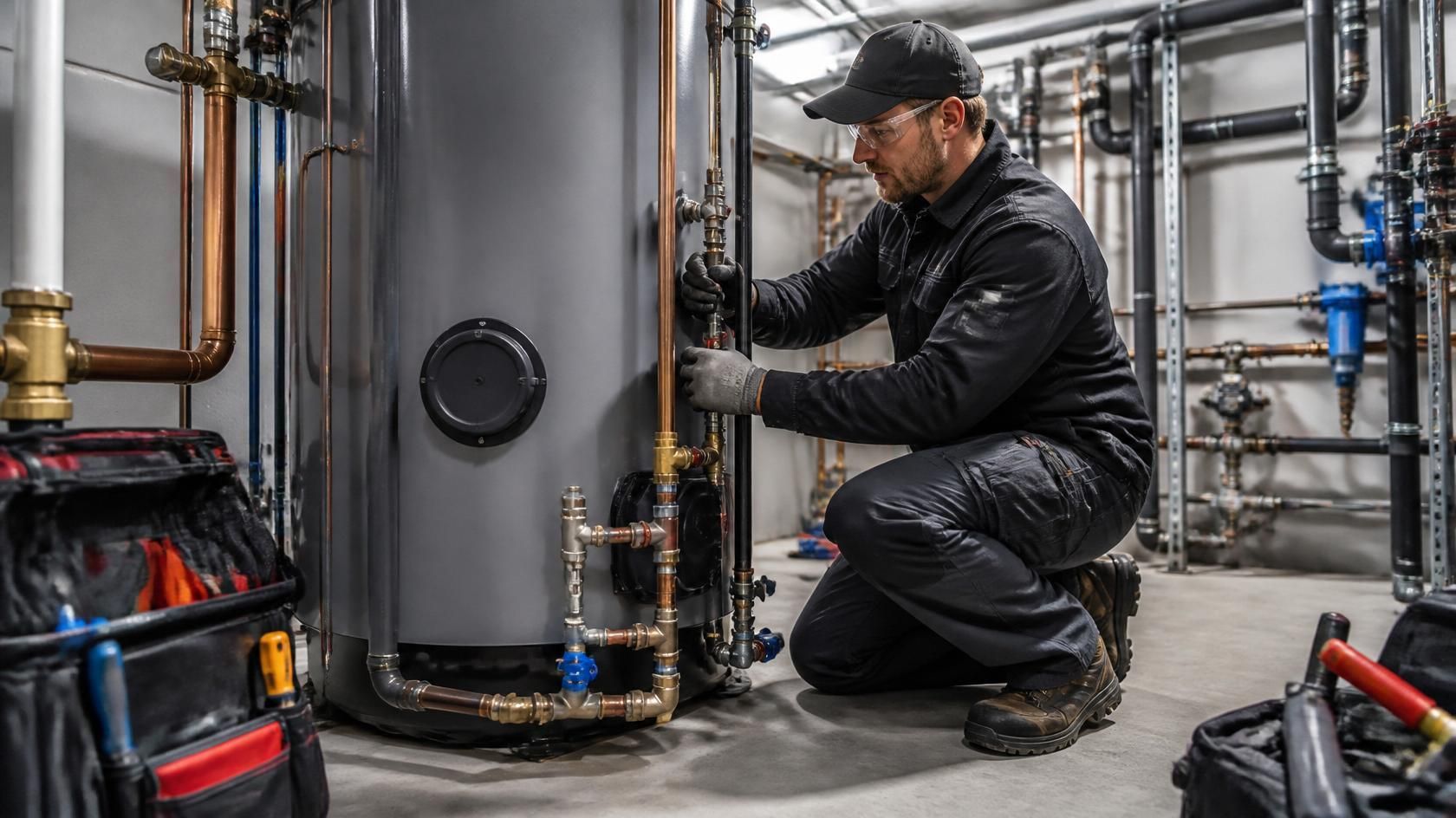 Technician kneels beside a large boiler, inspecting pipes and valves in a mechanical room