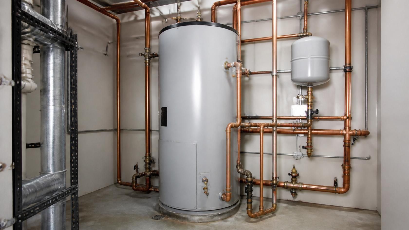 Basement mechanical room with copper pipes, a large white water heater, and a tank on concrete floor