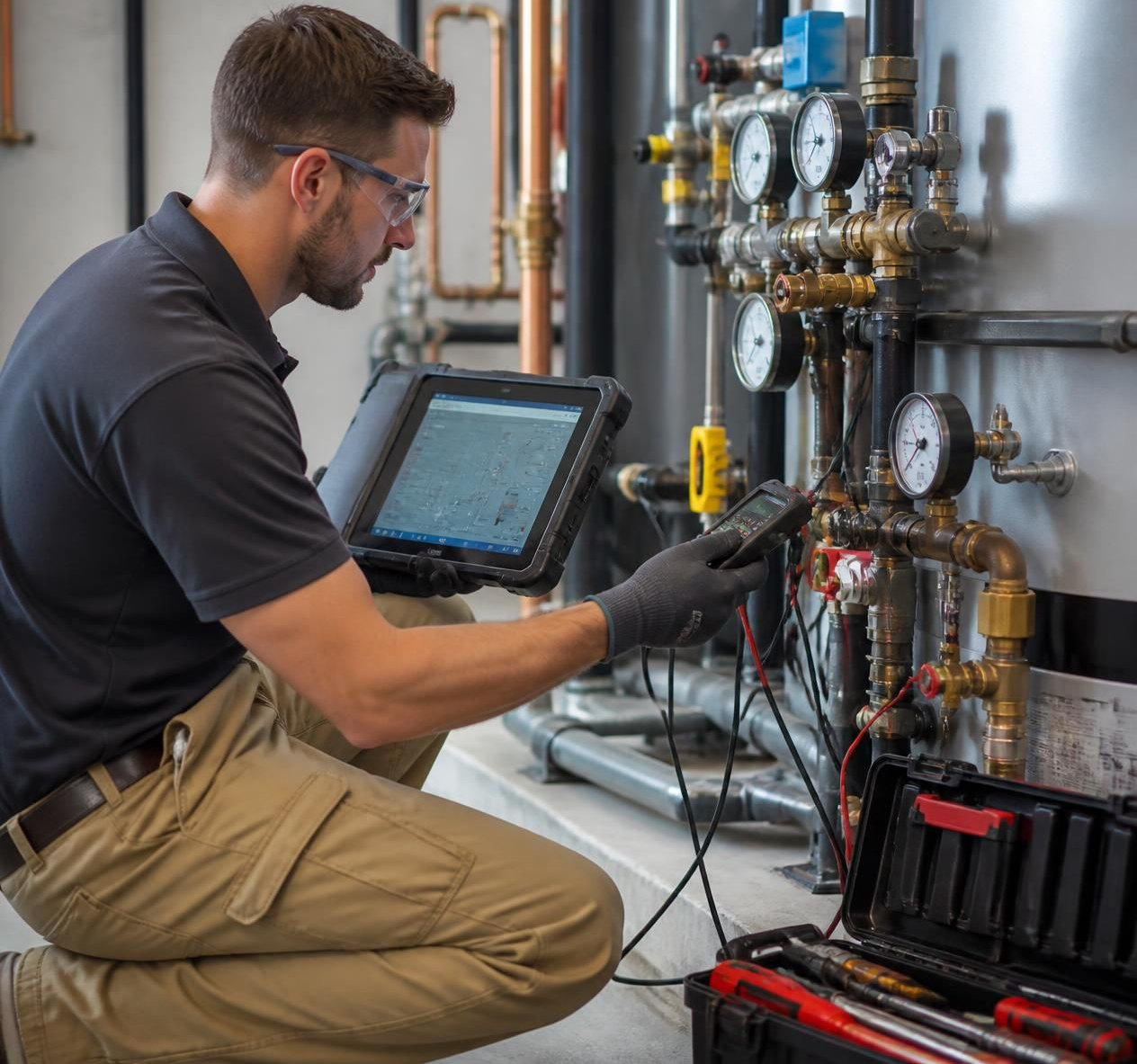 Technician kneels beside industrial pipes, using a tablet to inspect pressure gauges and valves.