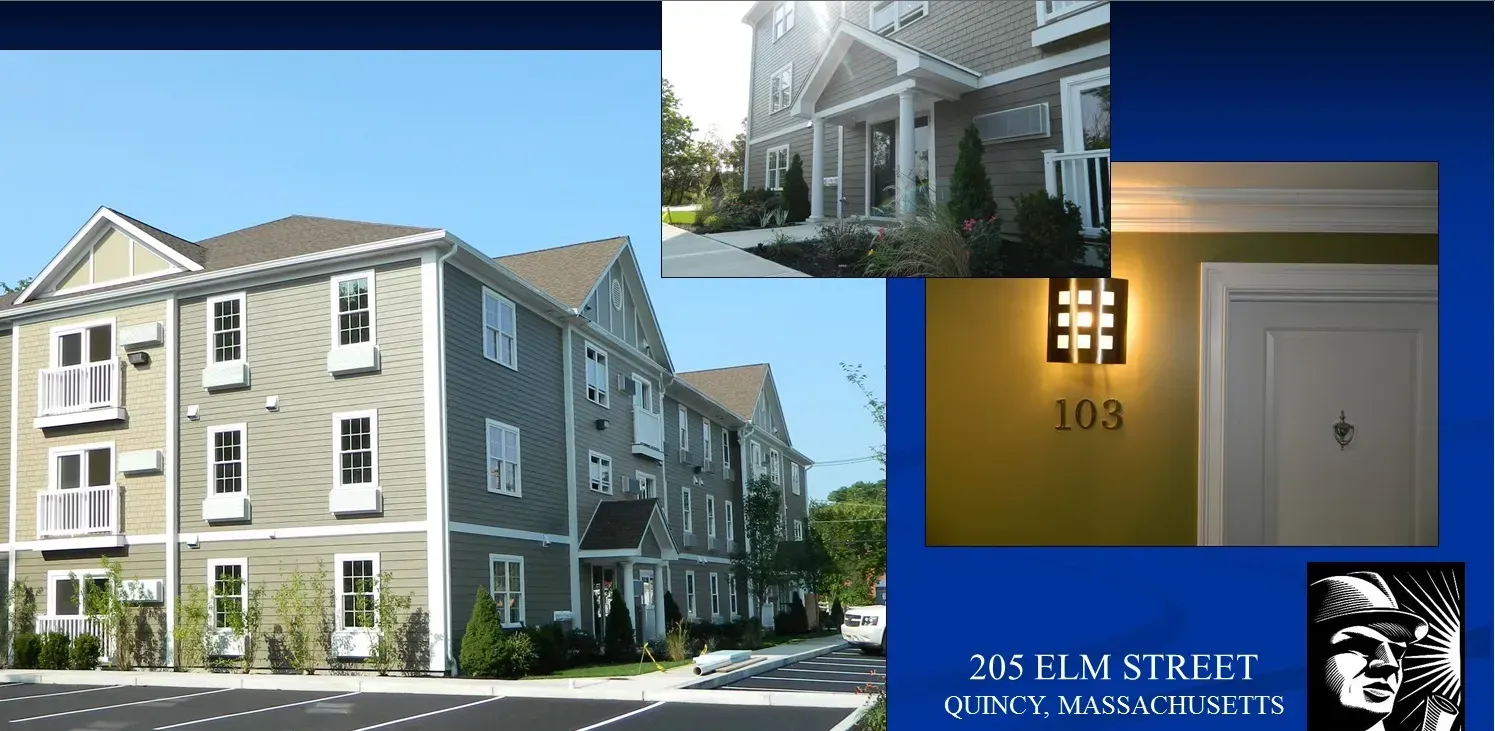 Collage of a gray apartment building exterior and a lit entryway with unit number 103 and a logo panel