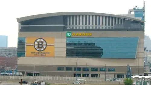 TD Garden arena exterior with Boston Bruins sign and green TD Garden logo