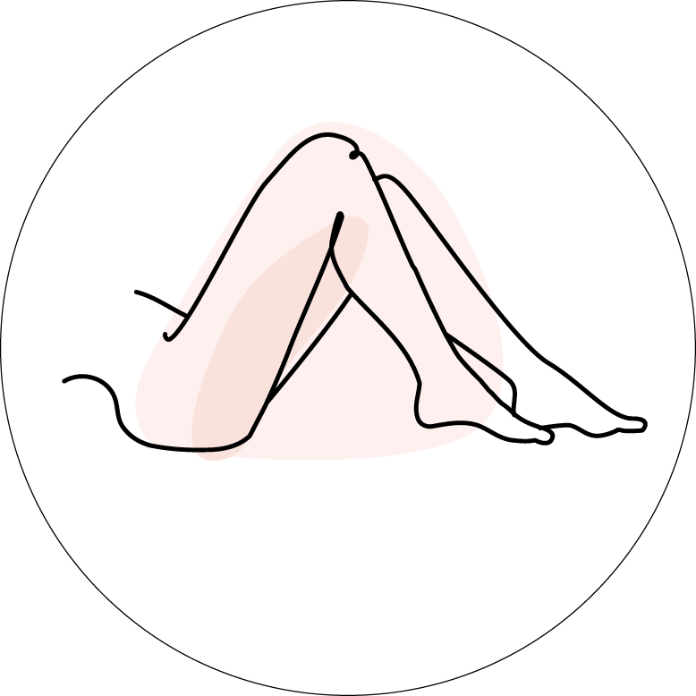 Strichzeichnung von Beinen in liegender Position vor einem rosafarbenen Hintergrund.