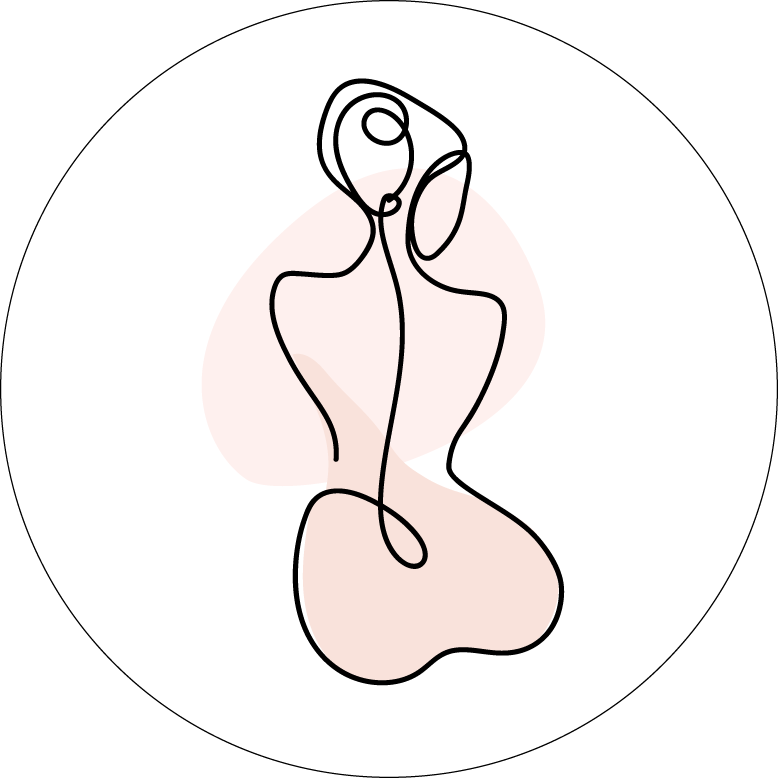 Schwarze Strichzeichnung einer Person, mit dem Rücken nach vorne, in einem rosa Oval auf einem weißen Kreis.