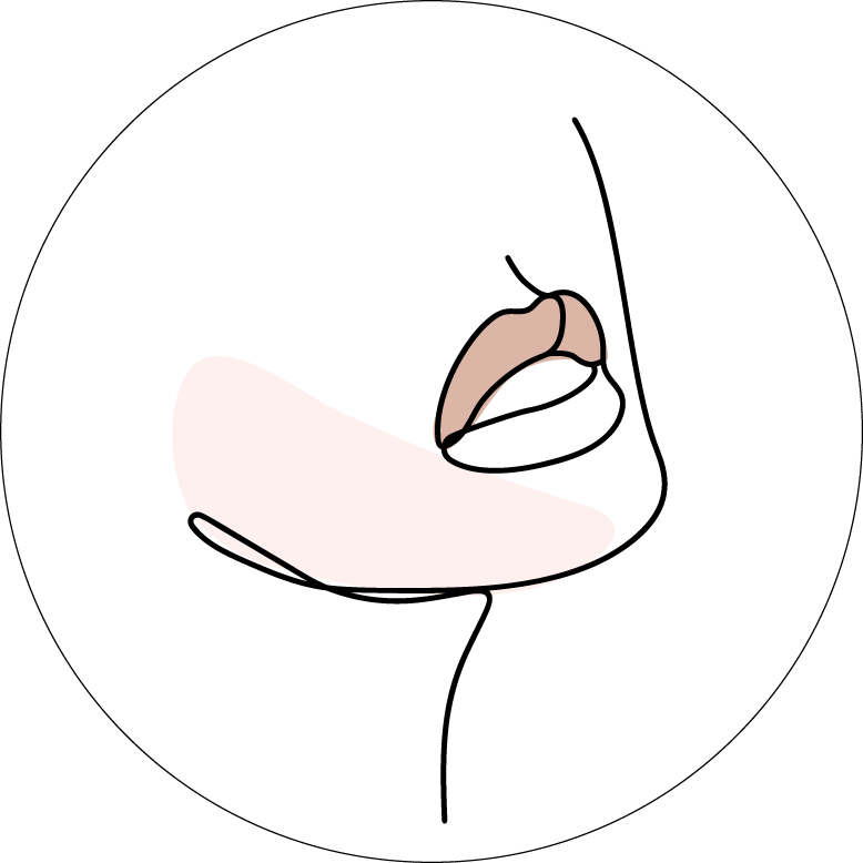 Strichzeichnung eines Gesichts, Seitenprofil, mit geröteter Wange und pfirsichfarbenen Lippen innerhalb eines weißen Kreises.