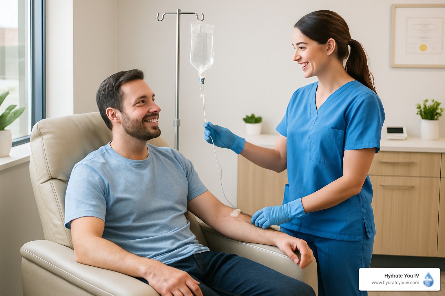 Man receiving IV drip from nurse in blue scrubs.