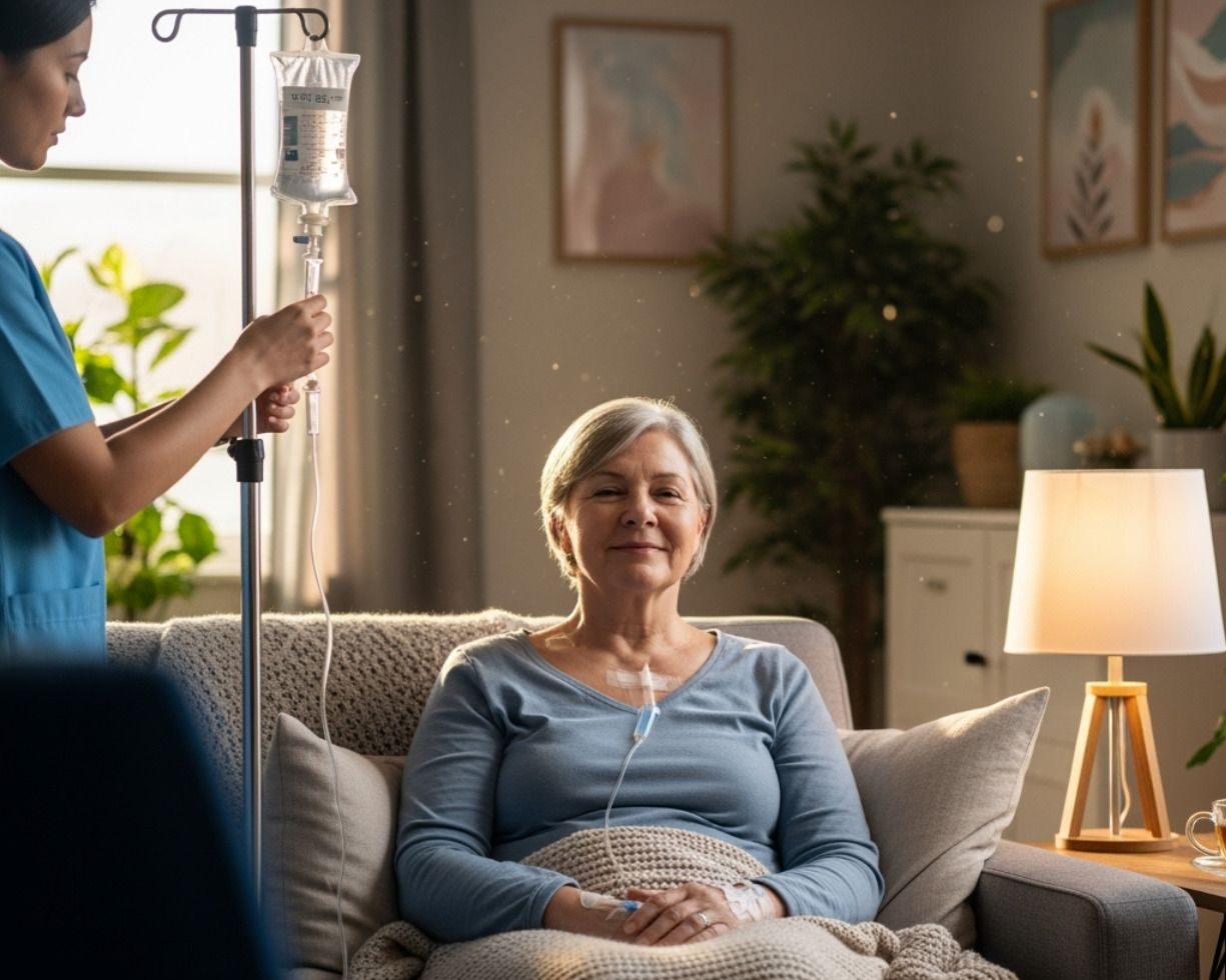 Nurse administering IV to a smiling woman sitting in a living room, near a lamp and plants.