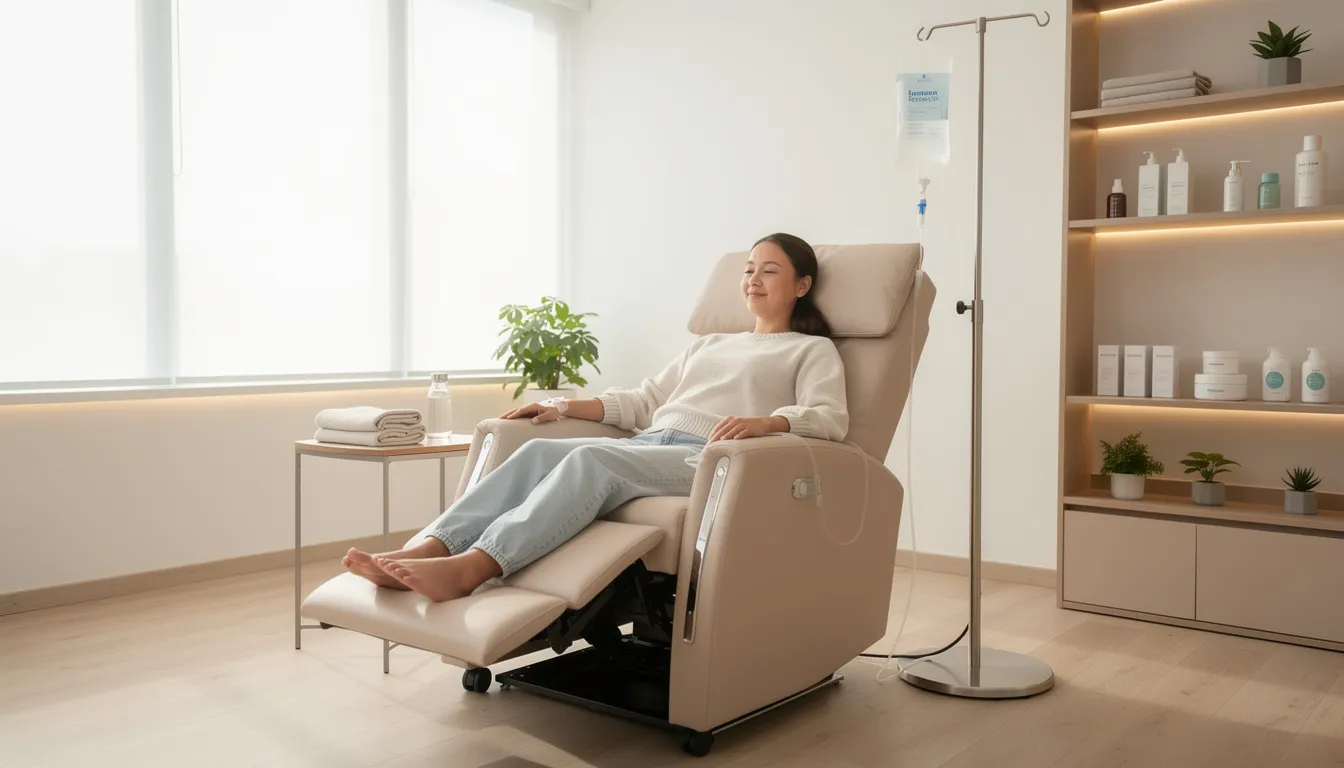 A person is comfortably seated in a modern medical chair, receiving an IV drip in a clean wellness clinic, which aims to alleviate hangover symptoms and support overall well-being. The IV therapy is designed to provide essential nutrients and hydration, helping the body recover after a night of drinking.