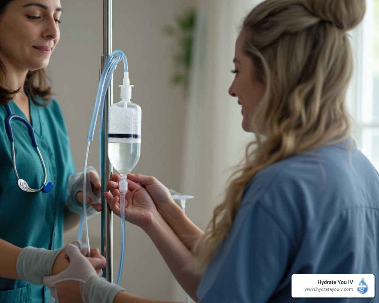 Two nurses preparing an IV bag. One in scrubs holds a patient’s arm, while the other adjusts the tubing. Indoor setting.