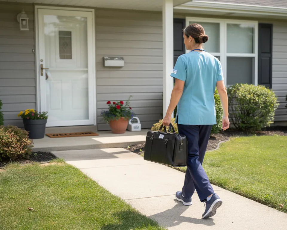 Healthcare worker in scrubs walks towards a house, carrying a medical bag.