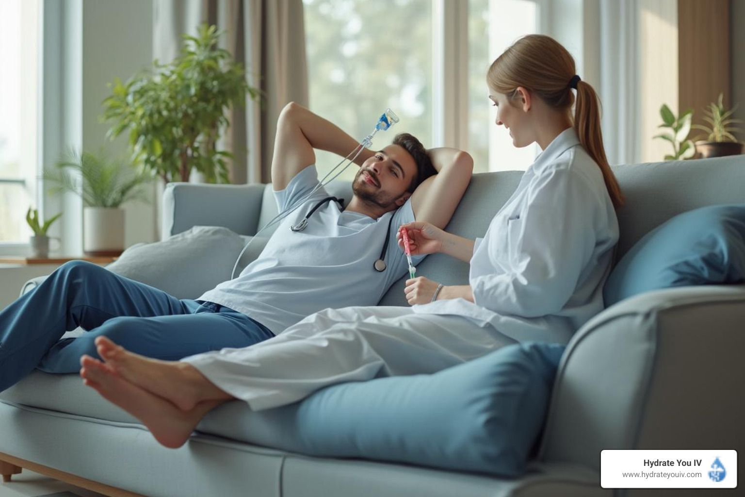 Man reclining on couch receives injection from a person in a lab coat; indoor setting.