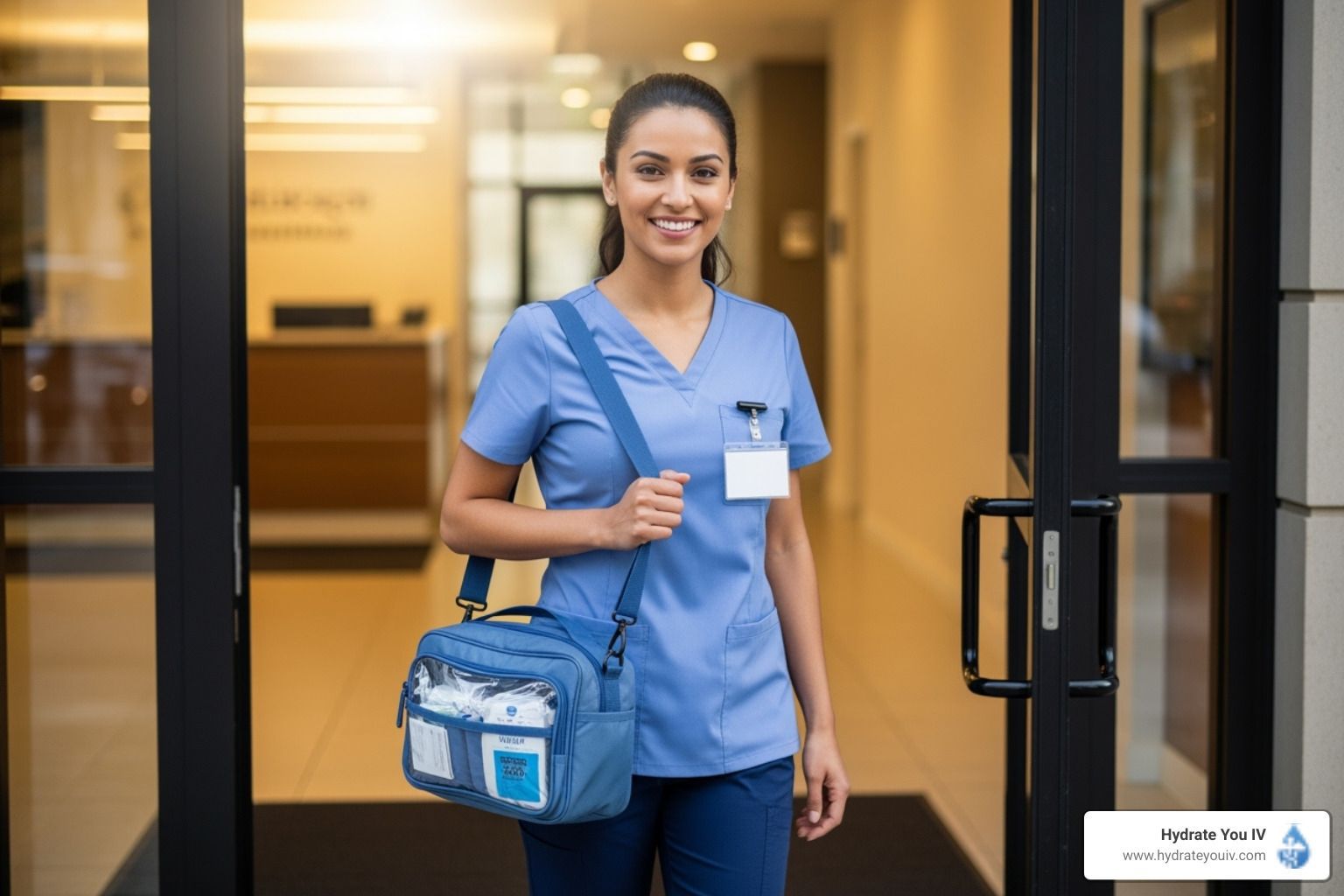 Nurse in blue scrubs, smiling, holding medical bag, exiting a building.